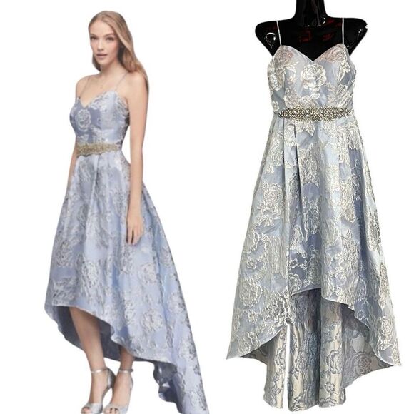Cachet Jacquard Light Blue & Silver High Low Hem Ball Gown Jeweled Waist Sz 2 Pr - Picture 1 of 6